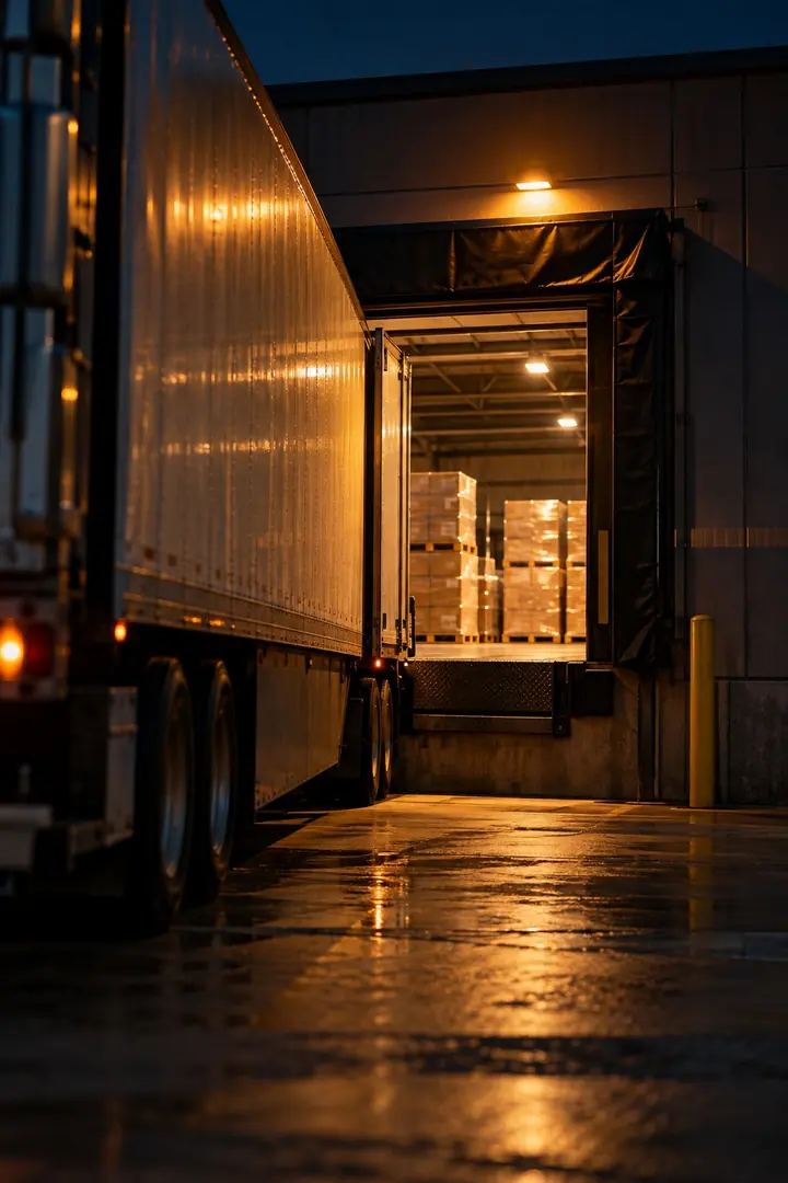 A trailer at a warehouse loading dock