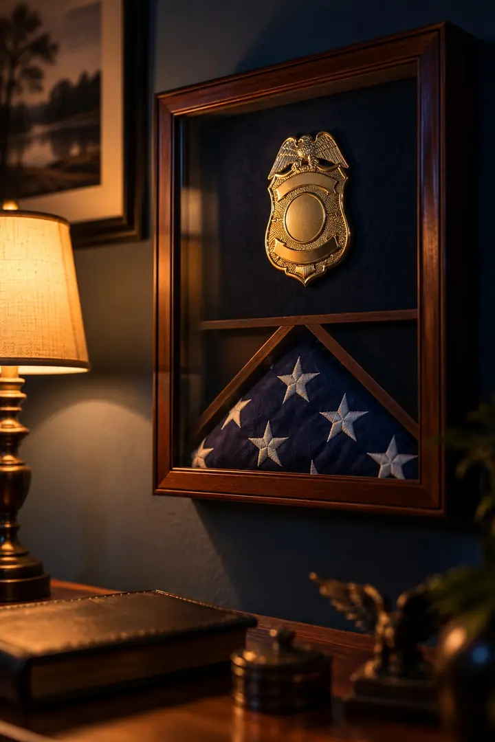A retired police chief's badge and folded flag in a shadow box