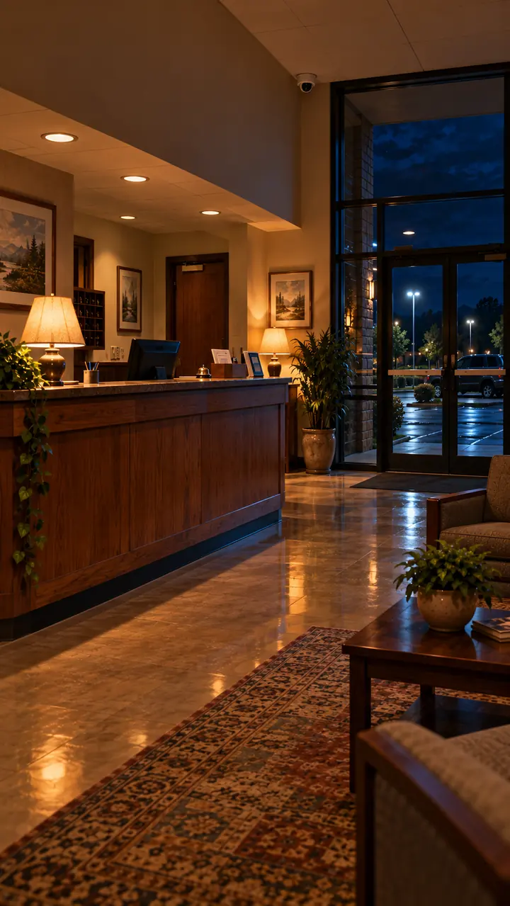 A hotel lobby at night
