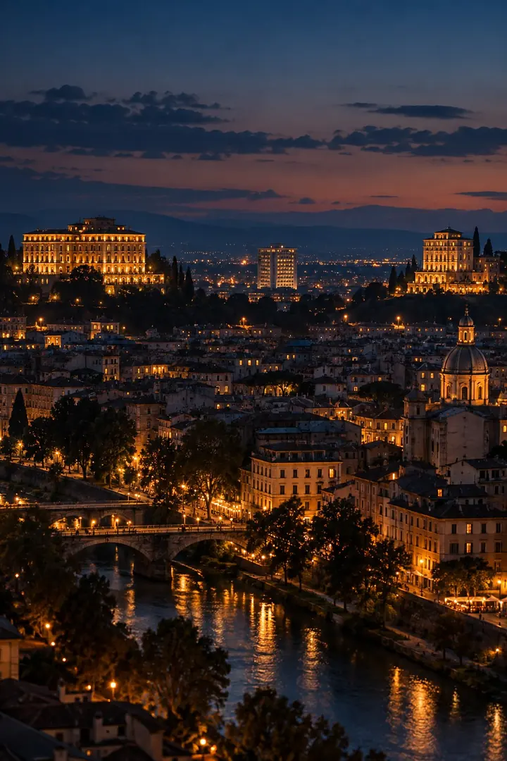 A city at dusk with several hotels lit across the skyline