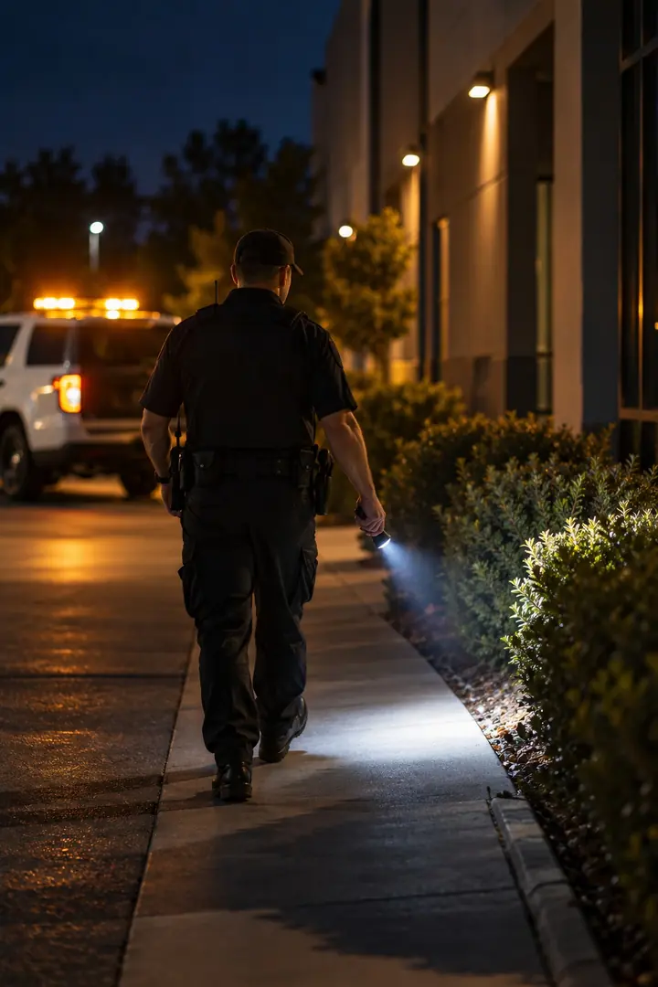 A security patrol officer walking a property at night