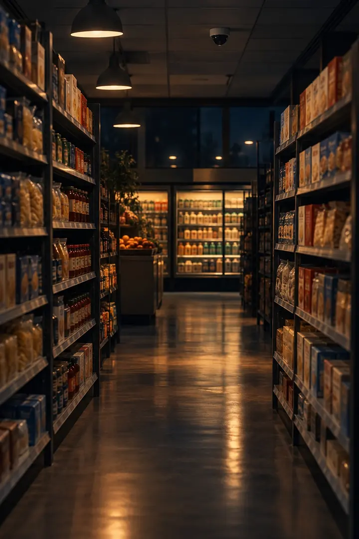 A retail aisle at night