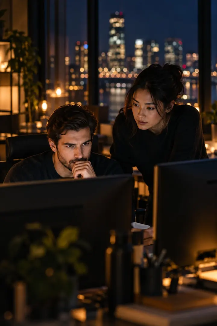 A software team at work late in the evening