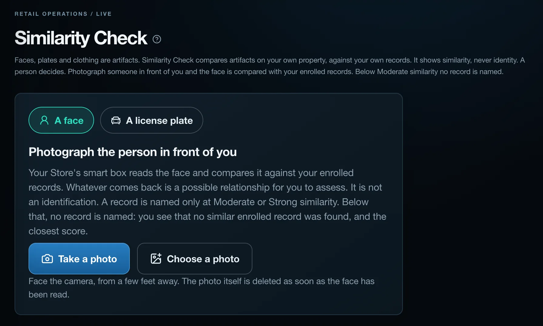 Similarity Check in CaseTrace Retail with A face chosen: the words that whatever comes back is a possible relationship for a person to assess, not an identification.