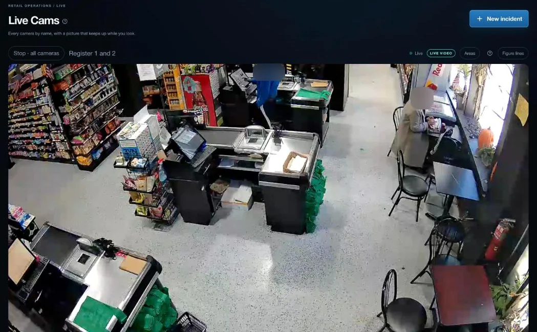 Live Cams in CaseTrace: the Register 1 and 2 camera, live, with nothing drawn on the picture.