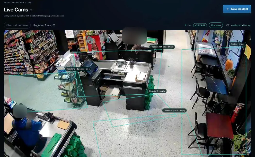 Live Cams in CaseTrace: the Register 1 and 2 camera with five named areas drawn on it, one reading Register 2, 1 person, 57 seconds, and the others reading empty.