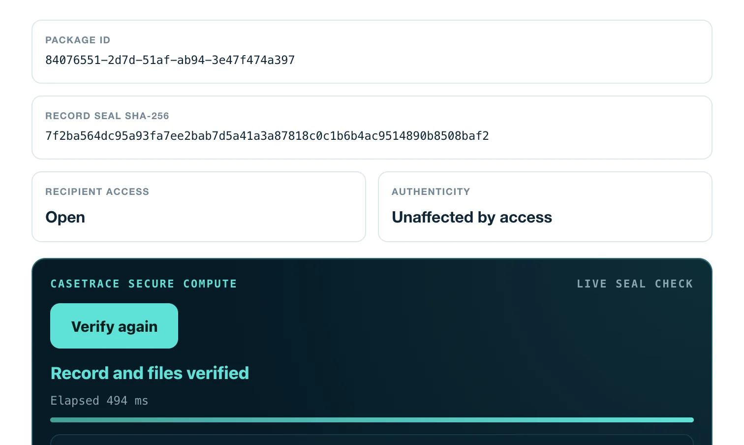 A sealed package's verification page: the package ID, the record seal, recipient access open, and Record and files verified after a live seal check.