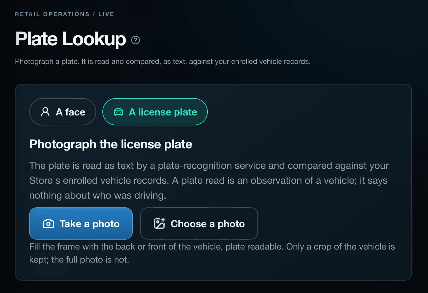 Plate Lookup in CaseTrace Retail with A license plate chosen: Take a photo or Choose a photo, and the words that a plate read says nothing about who was driving.
