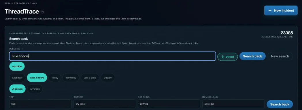 ThreadTrace in CaseTrace Retail: Search back with blue hoodie typed, the time range chips, and fields for top, bottom, carrying and item colour.