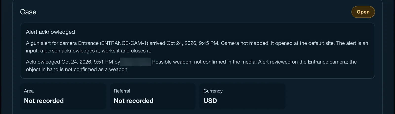 A WeaponTrace case in CaseTrace: the gun alert acknowledged by a person, noted as a possible weapon not confirmed in the media, with the area and the referral still to be recorded.