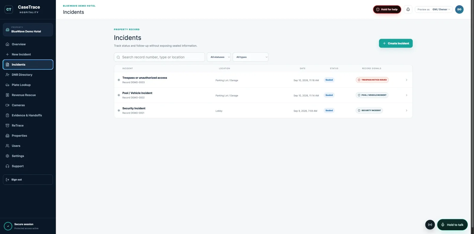 CaseTrace Hospitality desktop portal: the incident list with status and record signals, tracked without exposing sealed information.