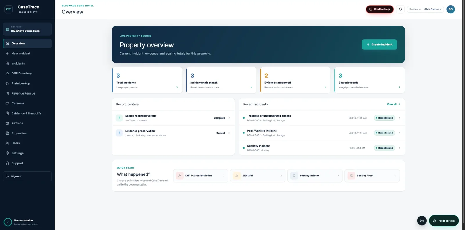CaseTrace Hospitality desktop portal: property overview with the live property record, incident totals, record posture and recent incidents.
