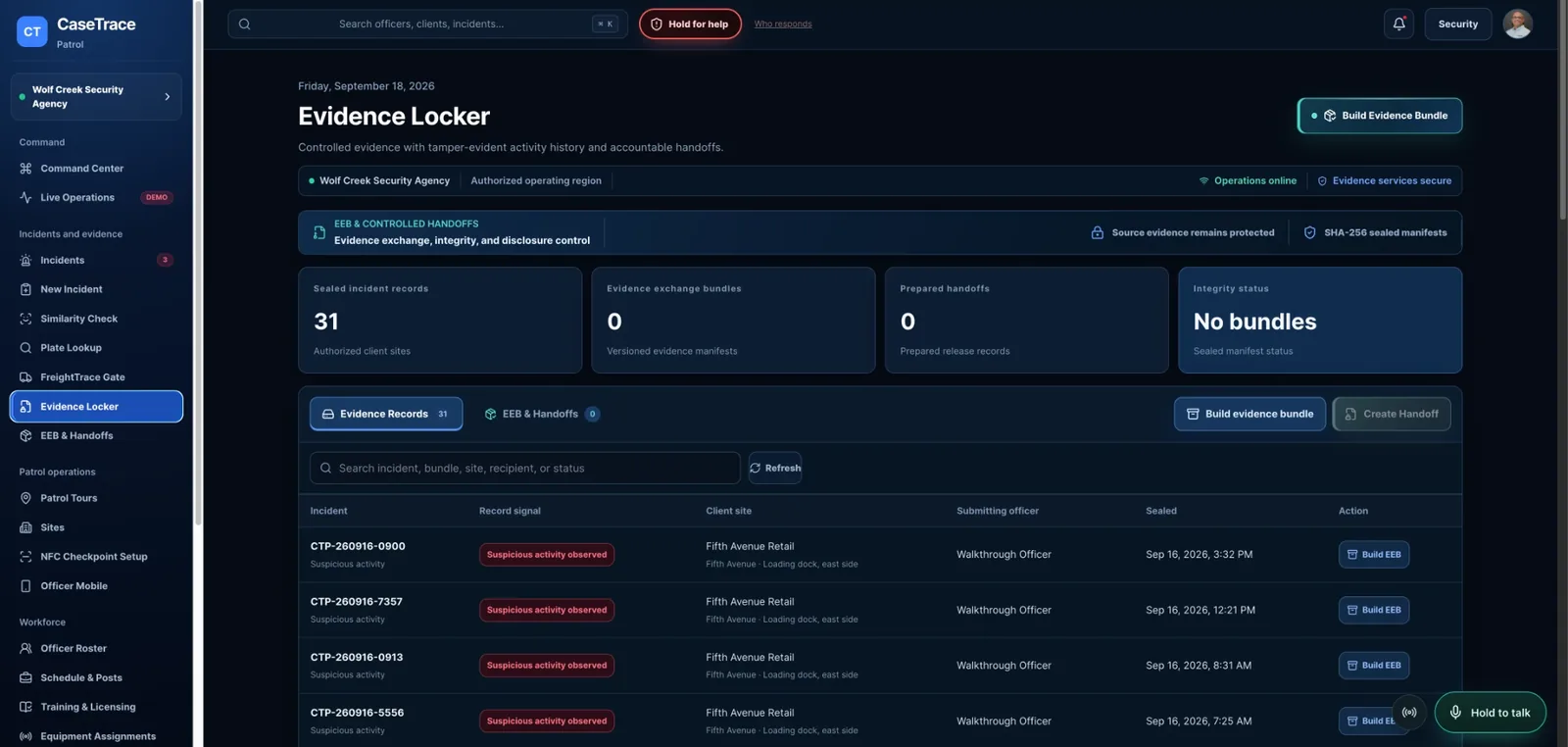 CaseTrace Patrol desktop portal: Evidence Locker with sealed incident records, evidence exchange bundles and prepared handoffs.