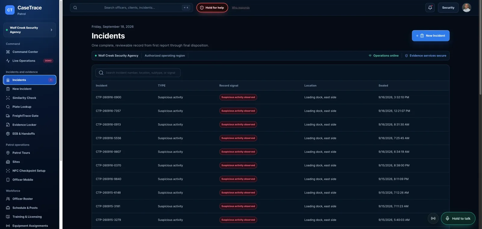 CaseTrace Patrol desktop portal: the incident list, one reviewable record per incident with its record signal, location and seal time.