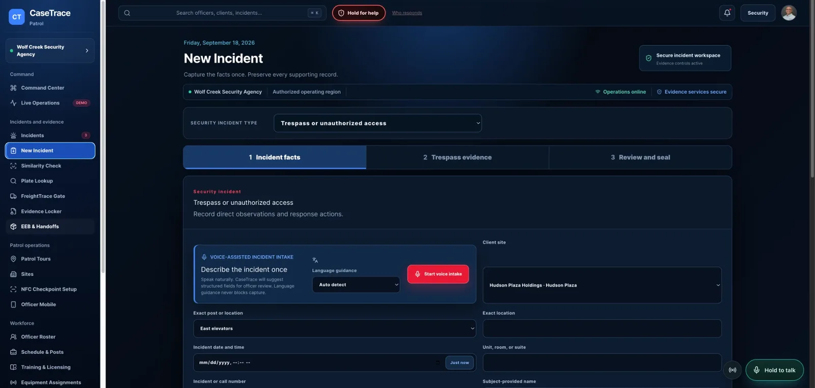 CaseTrace Patrol desktop portal: New Incident with voice-assisted intake, incident facts, evidence, then review and seal.