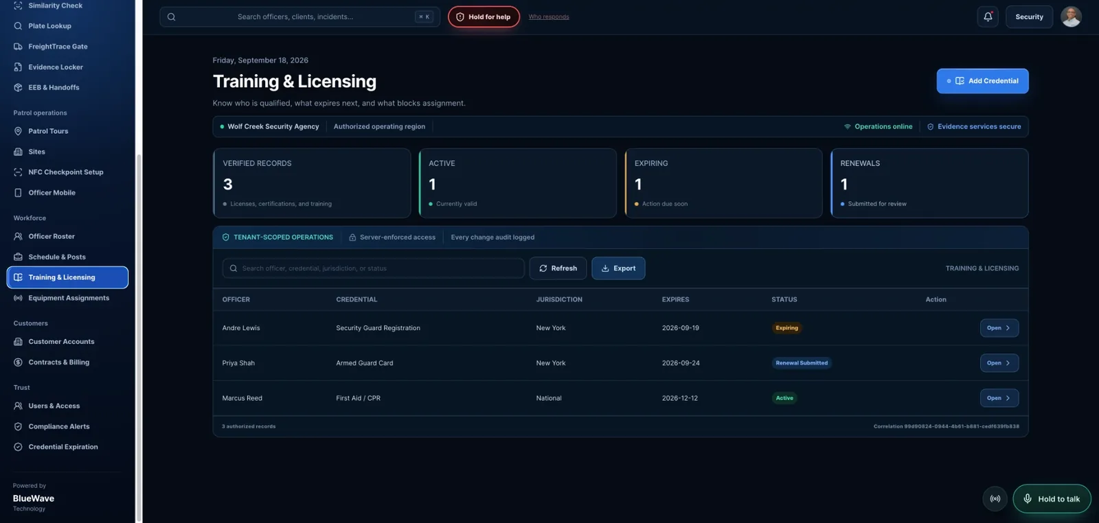 CaseTrace Patrol desktop portal: Training and Licensing with verified records, active, expiring and renewals.