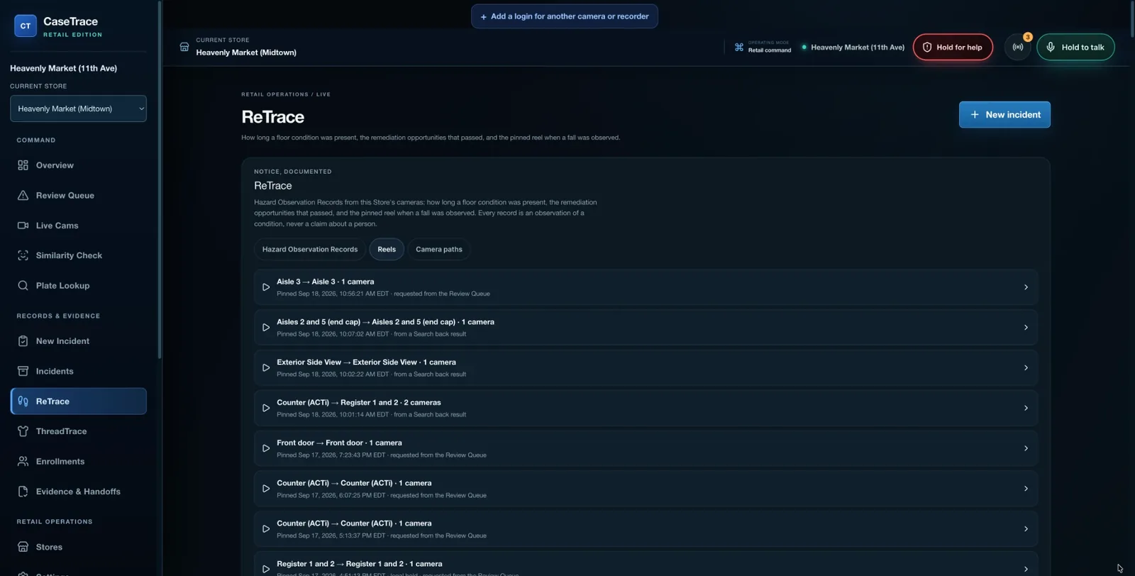 CaseTrace Retail desktop portal: ReTrace pinned reels by camera, each requested from the Review Queue or a search-back result.