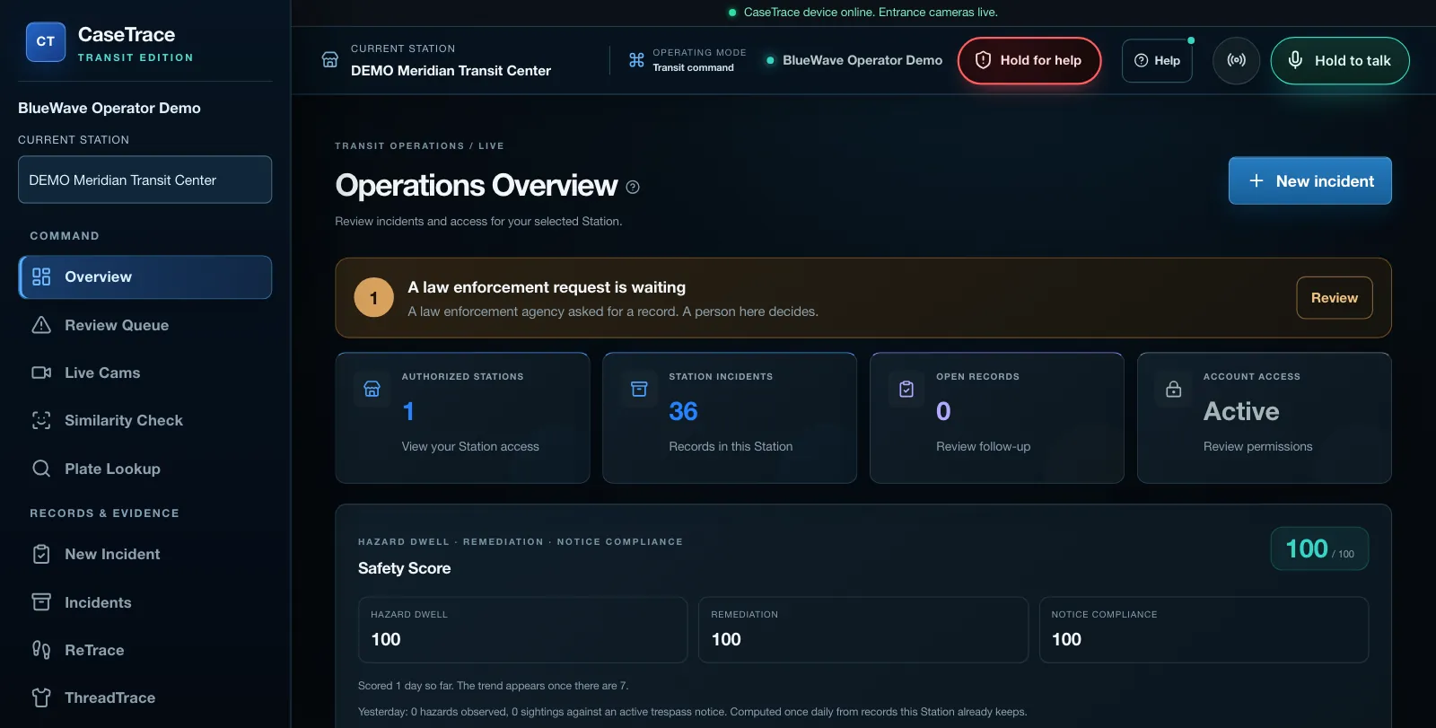 CaseTrace Transit desktop portal: Operations Overview for the selected station, with the station, the platform and the park-and-ride on one record.