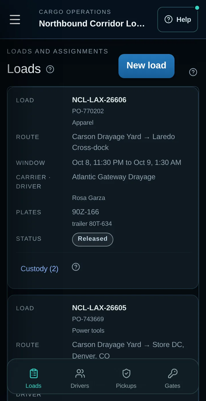 CaseTrace Cargo mobile app: Loads, one card per load with its route, window, carrier and release status.