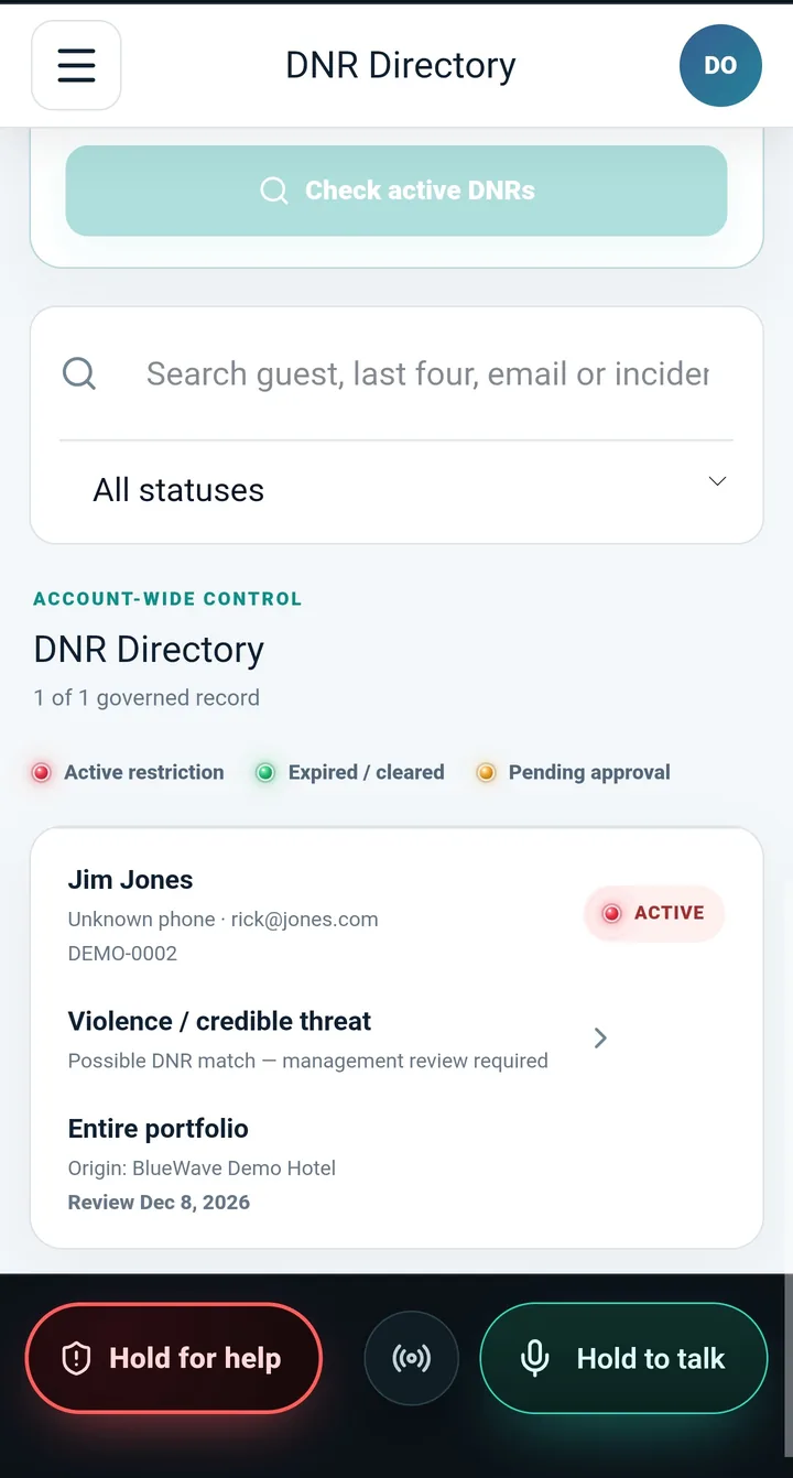 CaseTrace Hospitality mobile app: the DNR Directory, an account-wide control with active, expired and pending restrictions.