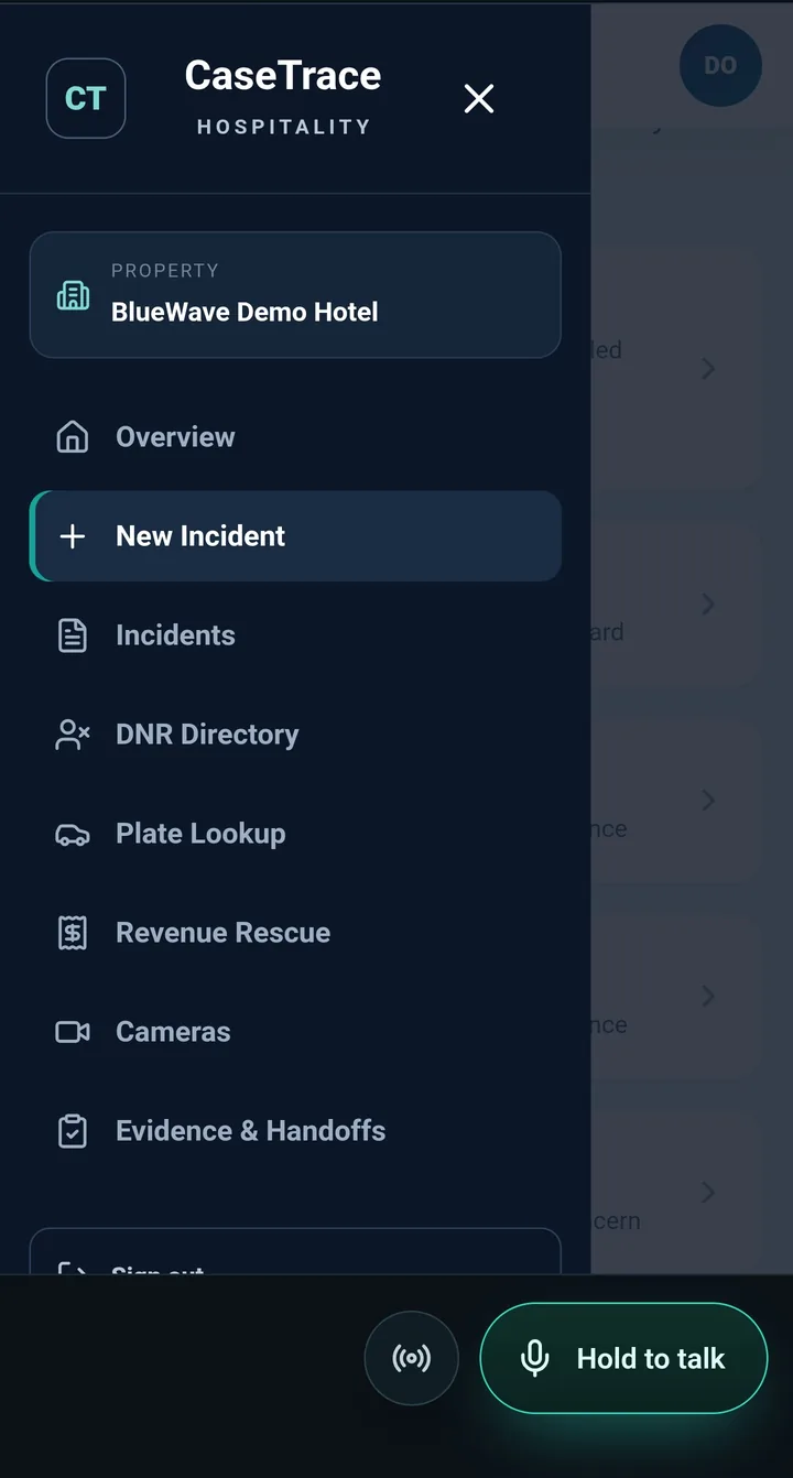 CaseTrace Hospitality mobile app: the navigation menu for the property.
