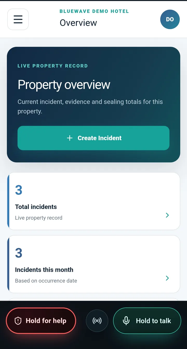 CaseTrace Hospitality mobile app: property overview with the live property record.