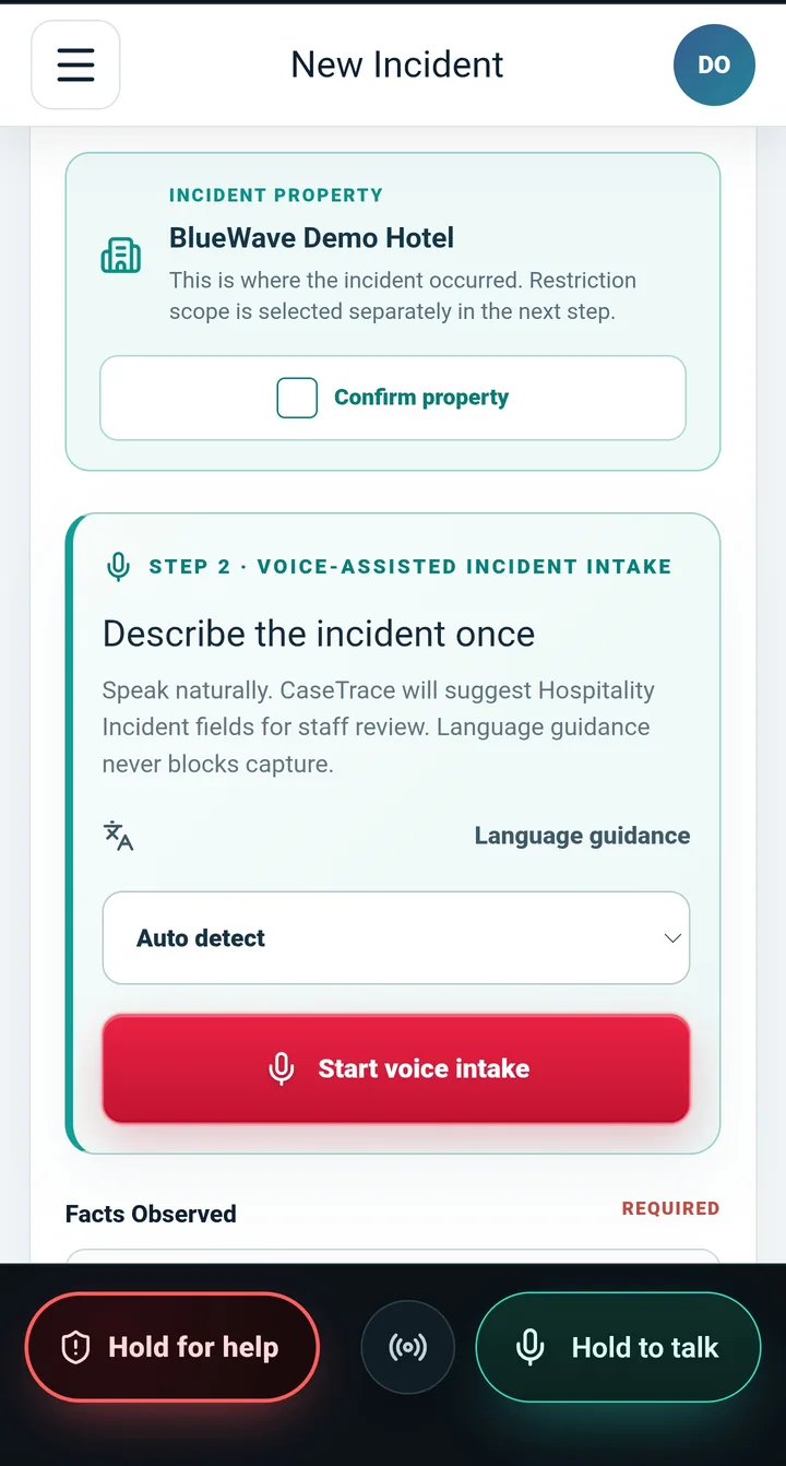 CaseTrace Hospitality mobile app: voice-assisted incident intake, describing the incident once with language guidance.