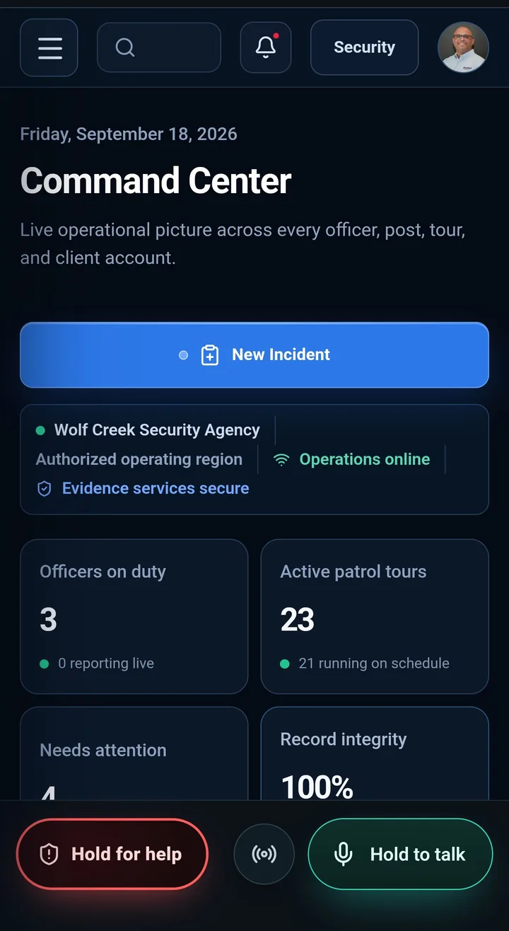 CaseTrace Patrol mobile app: Command Center with officers on duty and active patrol tours.