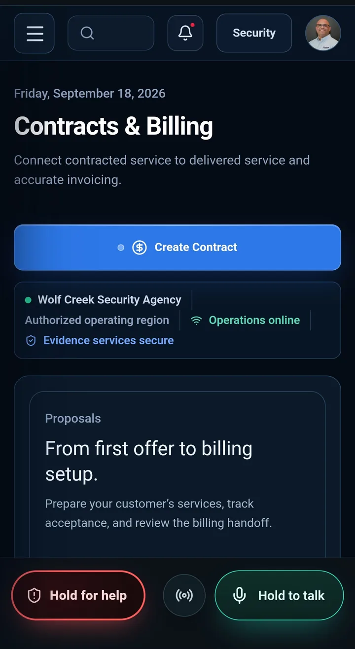 CaseTrace Patrol mobile app: Contracts and Billing, connecting contracted service to delivered service.