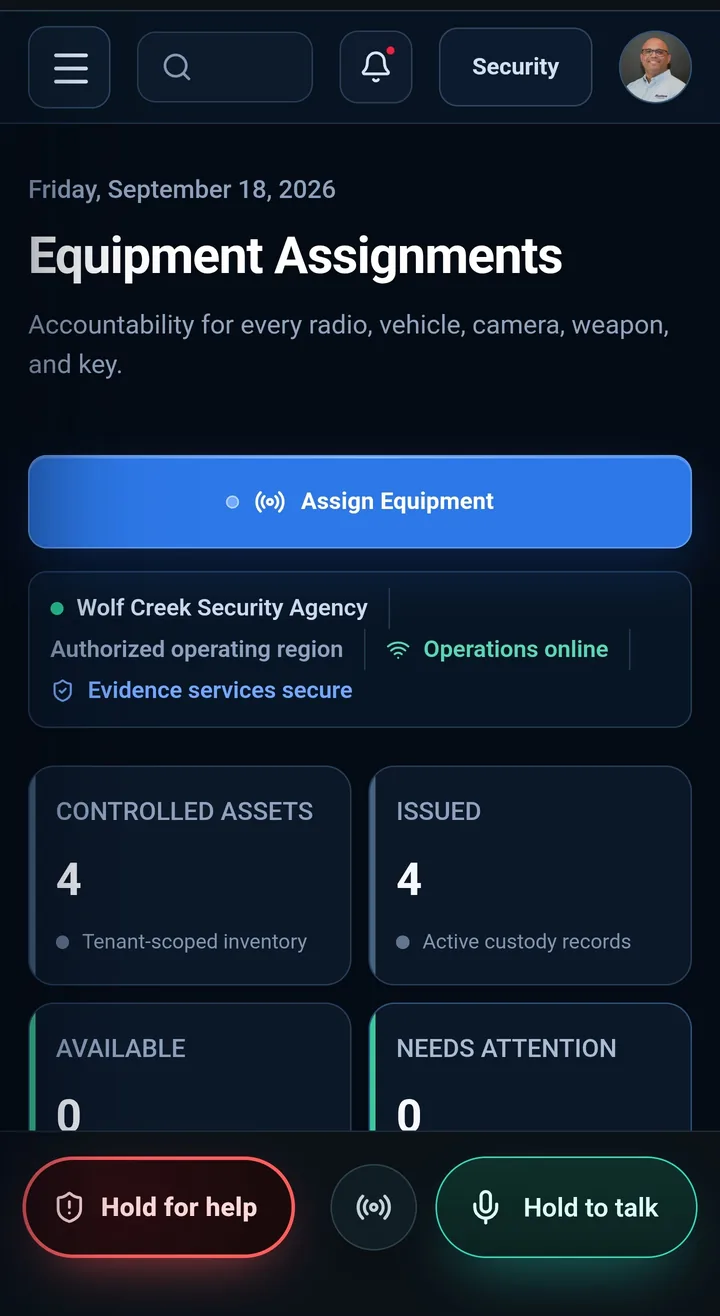 CaseTrace Patrol mobile app: Equipment Assignments with controlled assets, issued, available and needs attention.
