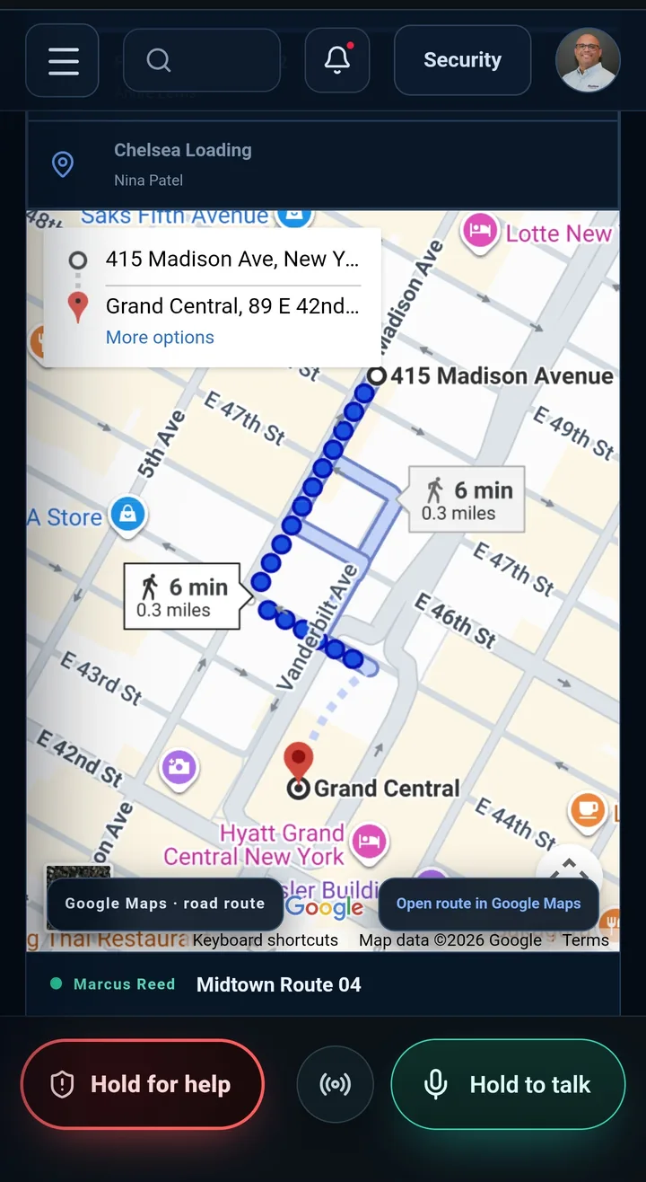 CaseTrace Patrol mobile app: the live route map for an officer on a patrol tour.