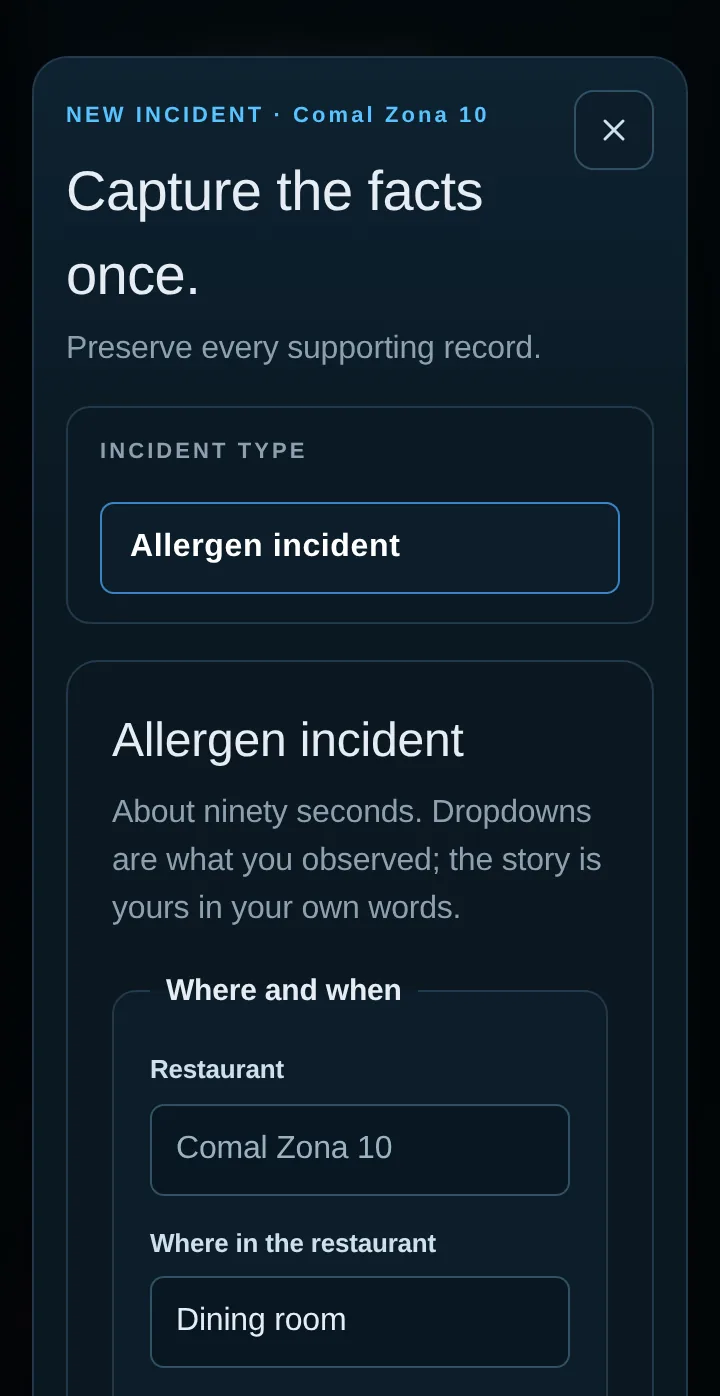 CaseTrace Restaurants mobile app: a new Allergen incident, recorded where in the restaurant it happened.