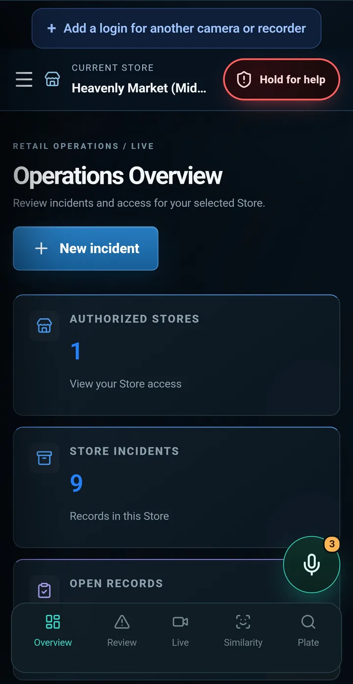 CaseTrace Retail mobile app: Operations Overview with hold for help.