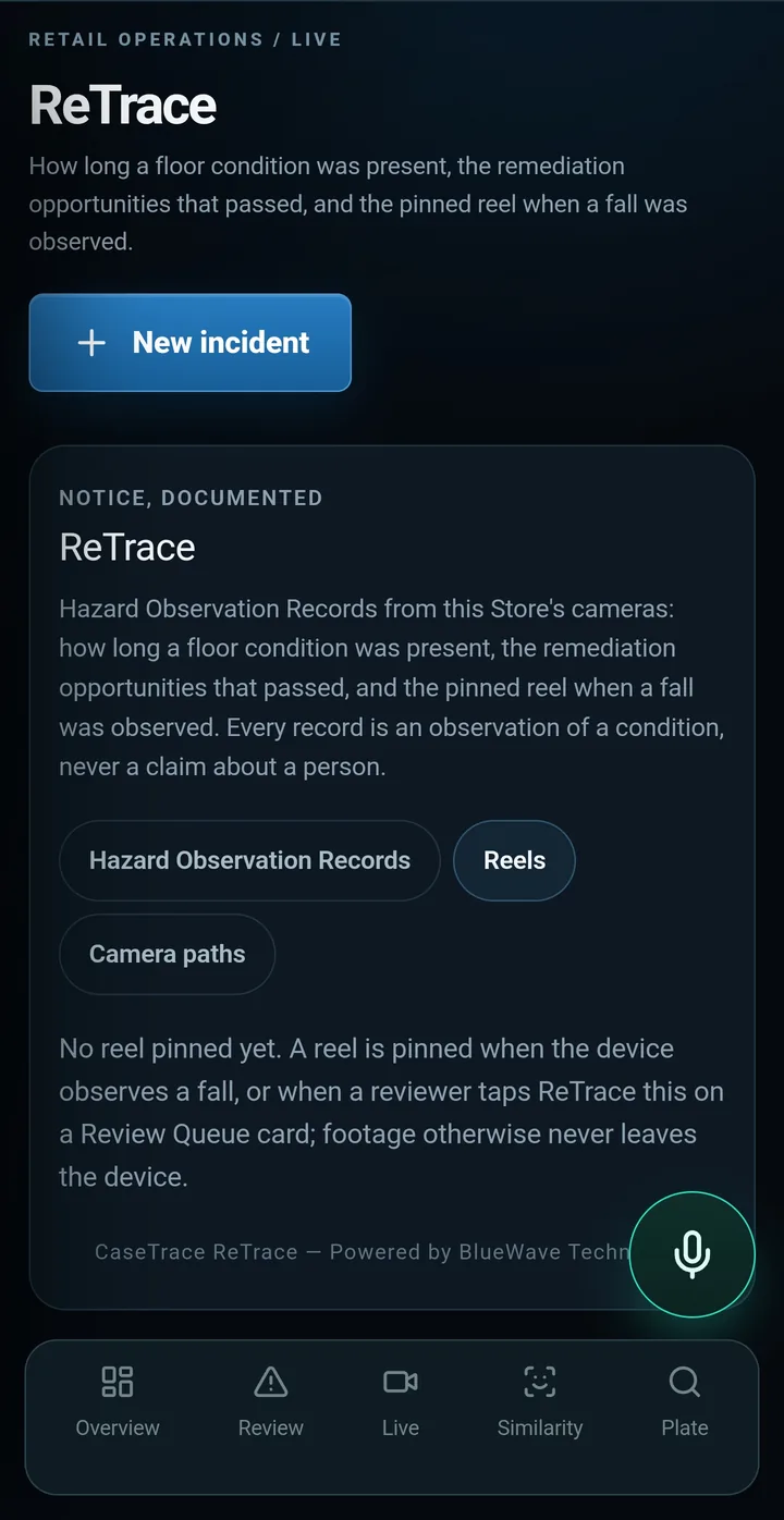CaseTrace Retail mobile app: ReTrace hazard observation records and pinned reels.