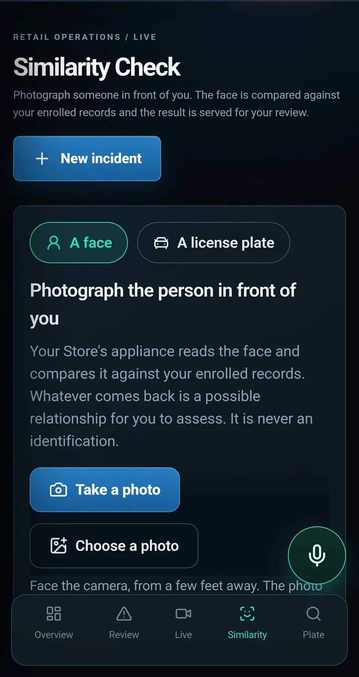 CaseTrace Retail mobile app: Similarity Check, photographing a person or a license plate for review.