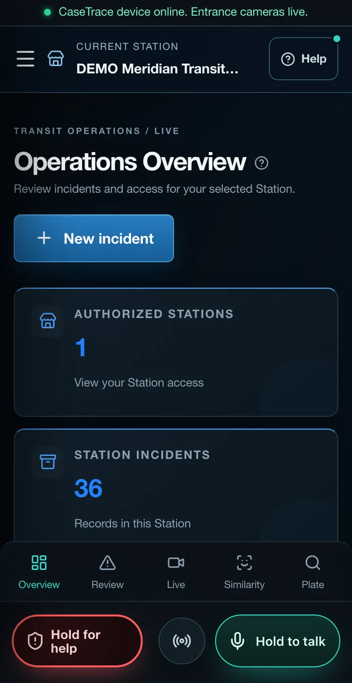 CaseTrace Transit mobile app: Operations Overview for the station, with hold for help.